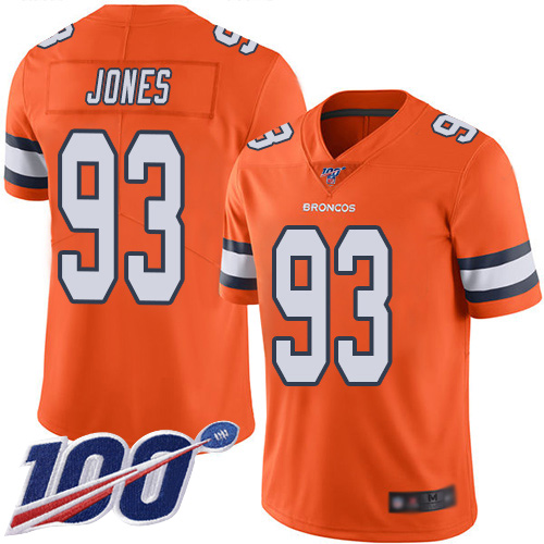Men Denver Broncos #93 Dre Mont Jones Limited Orange Rush Vapor Untouchable 100th Season Football NFL Jersey